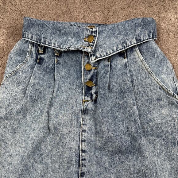 Vtg Acid Wash Denim Skirt Size 4 USA Helium 80s Fold Over Waist Button Knee - Picture 2 of 5